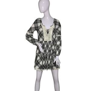FP Constantine Plaid White and Black Ruffle Lace Baby Doll Mini Dress Size